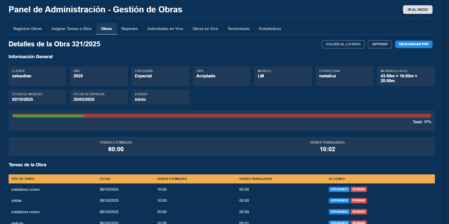 Detalle de obra y tareas asignadas